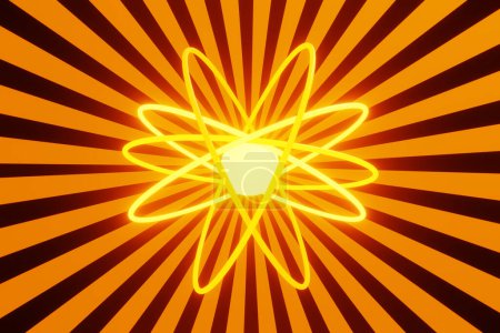 Órbitas amarillas brillantes y un neutrón que forma el símbolo atómico en las líneas radiales anaranjadas y negras del sunburst. Ilustración del concepto de mecánica cuántica y computación