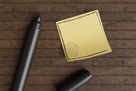 Gelbe Haftnotiz und schwarzer Tuschstift auf einem Holztisch. Illustration als Kopierraum für Webdesign-Vorlagen und Diashow-Präsentationen