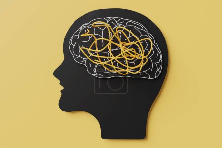 Orangefarbene Seile auf einem schwarzen Papierschnitt eines menschlichen Kopfes mit einem weiß umrandeten Gehirn auf gelbem Hintergrund. Illustration des Konzepts von psychischen Erkrankungen, Psychologie und ADHS