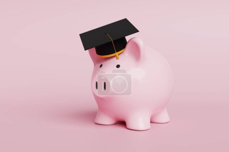 Hucha rosa con una gorra de graduación académica sobre fondo rosa. Ilustración del concepto de universidades, recién graduados, estudios y titulaciones