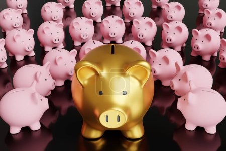 Large golden piggy bank surrounded by a lot of smaller pink money boxes on reflective black surface. Illustration of the concept of money, finance, investment and banking