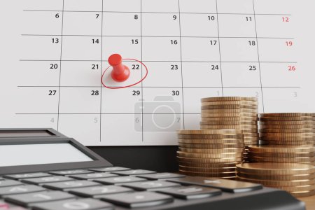 Photo for Monthly calendar with a day circled in red and pinned, together with with a calculator and stacks of gold coins on a desk. Illustration of payment date for dividends, salary and product launch - Royalty Free Image