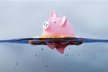 Pinkfarbenes Sparschwein im Rettungsring, das auf klarem Wasser in blauem Himmel schwimmt. Illustration des Konzepts von Finanzkrise, Rezession und Bankenpanik