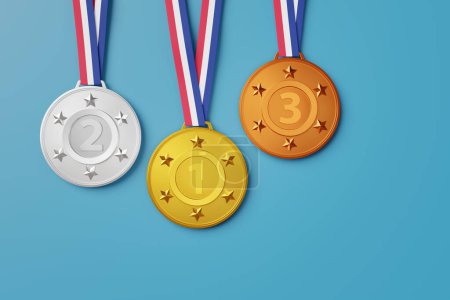 Médailles d'or, d'argent et de bronze avec un ruban rouge, blanc et bleu classique sur fond bleu clair. Illustration du concept de compétition, sport, vainqueurs, reconnaissance et prix