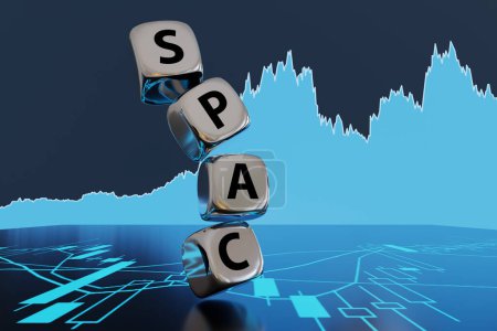 Stack of silver metallic dice forming the word SPAC on the background of blue stock graph and candle stick chart. Illustration of the concept of special purpose acquisition company