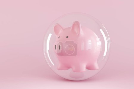Téléchargez les photos : Tirelire rose dans une bulle transparente en fond rose. Illustration du concept de protection des actifs, d'investissement diversifié et de sécurité sociale - en image libre de droit