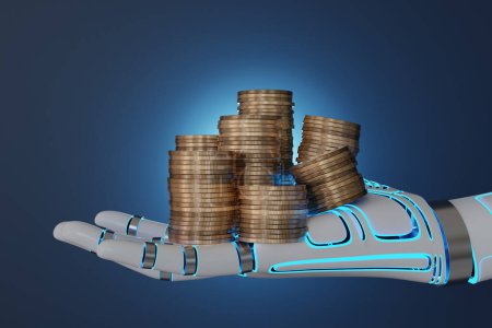 Stacks of gold coins on a white robotic hand in dark blue background. Illustration of the concept of financial and industrial revolution by artificial intelligence (AI)