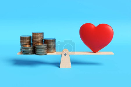 Stacks of gold coins and a red heart on each side of a wooden seesaw in blue background. 3D illustration of the concept of selection between wealth and romantic love