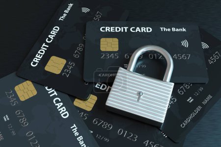 Candado de plata en un montón de tarjetas de crédito dispersas. Ilustración del concepto de seguridad digital de las transacciones en línea y el comercio electrónico