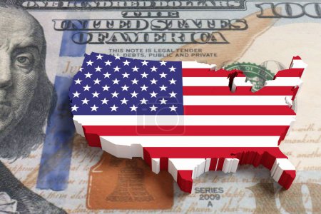 Spielzeugblock einer USA-Landkarte auf einer US-Dollar-Banknote. Illustration des Konzepts der US-Geldpolitik und der amerikanischen Finanzkrise
