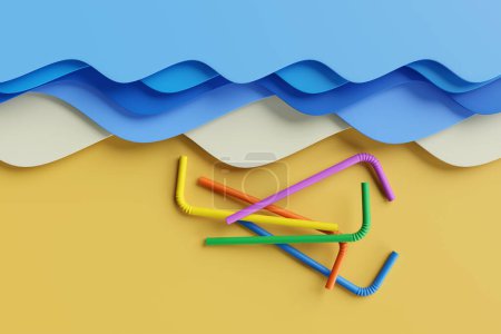 Multi-colored plastic straws on a beach made by papercut sea waves and sand. Illustration of the concept of the impact and harm of non biodegradable straws to ocean wildlife