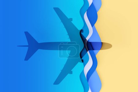 Shadow of a commercial airplane projected on a paper craft cutting beach having blue waves and white foam. Illustration of the concept of travel by air, tourist destination and airlines