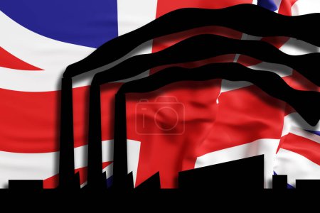 Téléchargez les photos : Silhouette d'usine artisanale de découpe de papier noir émettant de la fumée noire des cheminées sur le drapeau national de British Union Jack. Illustration du concept de pollution atmosphérique et d'émission illégale de poussières au Royaume-Uni - en image libre de droit