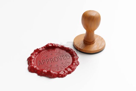 Red waxy stamp mark showing the words QUALITY ASSURANCE APPROVED next to a wooden stamp. Illustration of the concept of quality control and the highest product standards