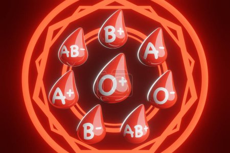 Gotitas 3D rojas que tienen 8 tipos de sangre diferentes en blanco con círculos brillantes y polígonos como decoración en fondo negro. Ilustración del concepto de donación de sangre y enfermedades relacionadas con la sangre