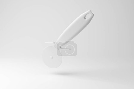 White pizza cutter floating in mid air on white background in monochrome and minimalism. Illustration of the concept of kitchen utensils, takeaway foods and Italian cuisine