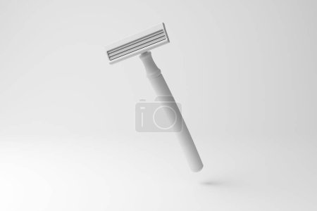 Photo for White triple blade disposable razor floating in mid air in monochrome and minimalism. Illustration of the concept of grooming and proper hygiene habits for men - Royalty Free Image