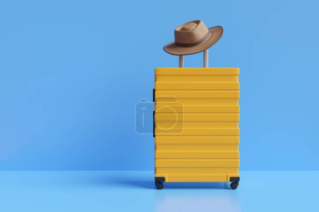 Braune Fedora-Mütze auf gelbem Gepäck vor reflektierendem blauen Hintergrund. Illustration des Konzepts von Reisen, Tourismus, Reisezielen und Urlaub