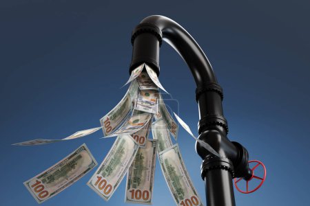 US 100 dollar banknotes flowing out of a black plumbing pipe with a valve having a red handle wheel in dark blue background. Illustration of the concept of money, income streams and cashflow