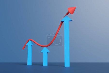 Moving up red line curve supported by blue upward arrows in blue background. Illustration of the concept of rising stock prices, support and resistance of value of investment