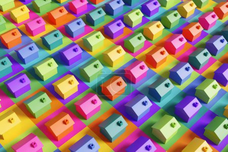 Tableau de rangées de maisons de jouets colorées sur un fond multicolore. Illustration du concept de biens immobiliers et problèmes de logement résidentiel