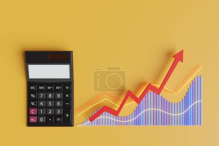 Black calculator, bar chart, line graph and forecasting trend lines on yellow background. Illustration of the concept of business revenue, accounting and sales analysis
