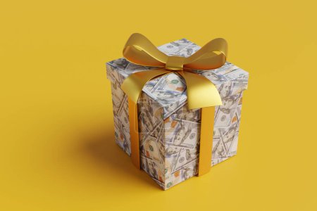 Caja de regalo con un papel de regalo hecho de billetes de dólar estadounidense con una cinta dorada sobre fondo amarillo. Ilustración del concepto de soborno, sorteo afortunado, premios y recompensas