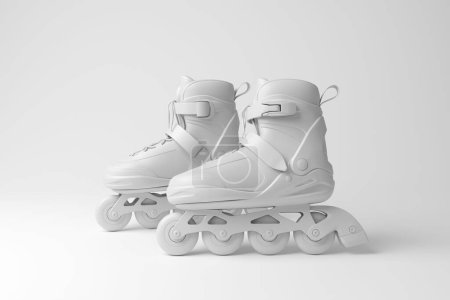 Foto de Patines en línea de patines blancos sobre fondo blanco en monocromo y minimalismo. Ilustración del concepto de patinaje sobre ruedas, deportes y maqueta de productos - Imagen libre de derechos