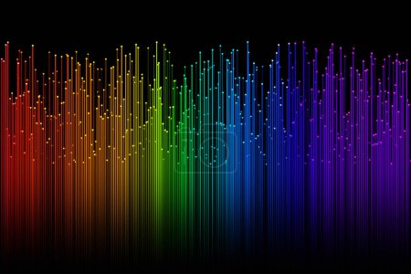 Photo for Glowing optical fibres having color gradient of rainbow in dark background. Illustration as background for website templates and slide show presentations - Royalty Free Image