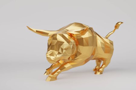 Goldener niedriger Poly-Bulle auf weißem Hintergrund. Illustration des Konzepts von Bullenmarkt, profitablem Investment und steigenden Aktienkursen