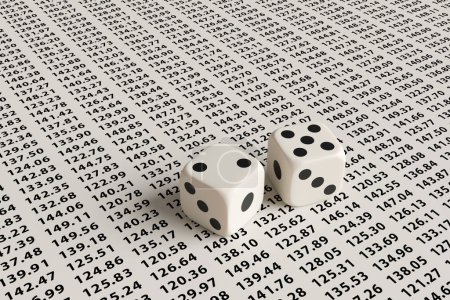 Two black and white rolling dice on a sheet full of floating point numbers. Illustration of the concept of change of stock prices, investment speculation, probability and statistics
