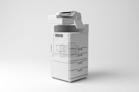 White photocopier on white background in monochrome and minimalism. Illustration of the concept of office equipment and photocopying