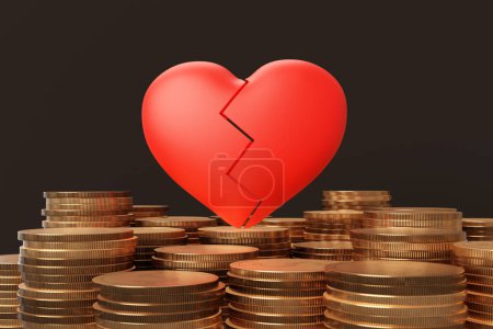 Red broken heart on piles of gold coins in black background. Illustration of the concept of money and property split in a divorce and online romance scammer