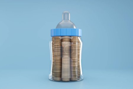 Baby milk bottle filled with gold coins in light blue background. Illustration of the concept of cost of raising a child, bank savings and financial investment for children
