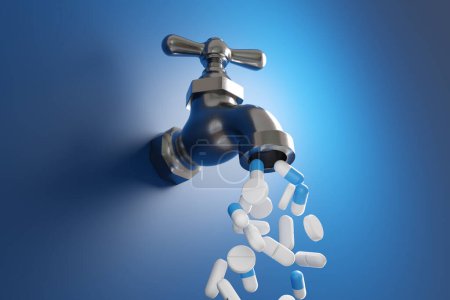 Different types of pills and medicine flowing from a silver water tap on blue background. Illustration of the concept of drinking water fluoridation and intentionally added chemicals in liquid