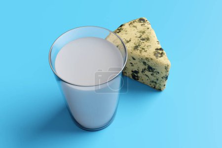 Glass of milk and blue cheese on a blue background. Illustration of the concept of local dairy products absorption of calcium and healthy dieting