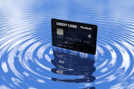 Black credit card floating above blue rippling water surface. Illustration of the concept of credit card overspending and consumerism