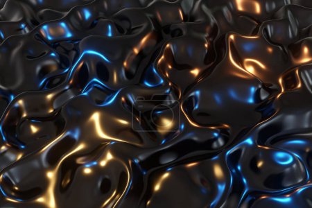 Black sticky fluid under yellow and blue lights. 3D illustration as abstract background for web sites and slide show presentation