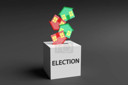 Green and red houses act as votes being put into a white ballot drop box on black background. Illustration of the impact of generation election or president election to housing policies