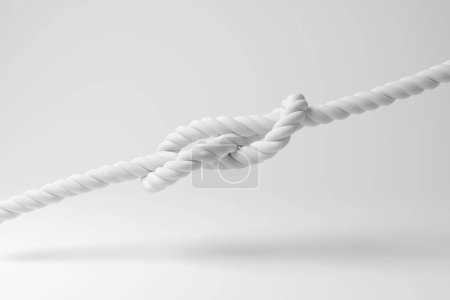 Nudo blanco de una cuerda flotando en el aire sobre fondo blanco en monocromo y minimalismo. Ilustración del concepto de problemas, dificultades, problemas y obstáculos