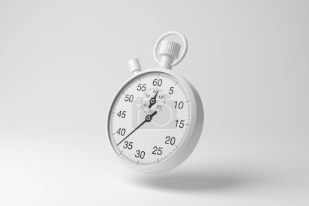 White stopwatch floating in mid air on white background in monochrome and minimalism. Illustration of the concept of timing, countdown, speed, urgency and deadlines