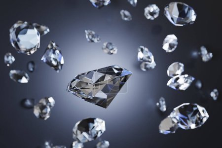 Viele transparente und klare Diamanten zerstreuen und schweben in der Luft auf dunklem Hintergrund. Illustration des Konzepts der Luxus-, Wohlstands- und Schmuckindustrie