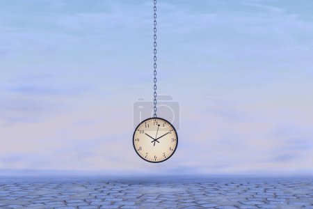 Old-fashioned train station circular clock hanging on a metallic chain above a cobblestone floor in a foggy purple sunset. Illustration of the concept of time, schedule, and project deadlines