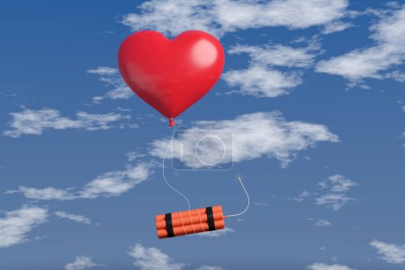 Bunch of orange dynamite sticks hanging on a red heart-shaped balloon in blue sky. Illustration of the concept of romance scams, fraud, and relationship breakup