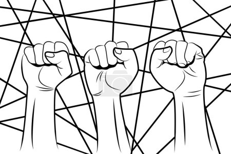 Three raised fists on background of thick lines in random directions in black and white. Illustration of the concept of solidarity, trade union strikes and labor movement