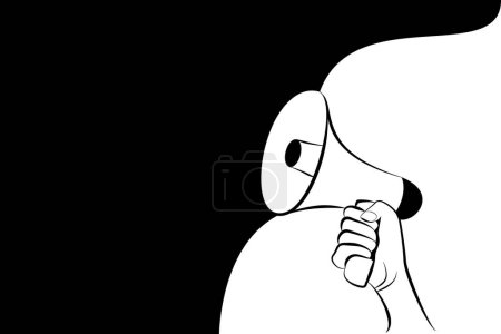 Hand holding a portable megaphone in abstract black and white background. Illustration as copy space for announcement, notices, messages and advertisement