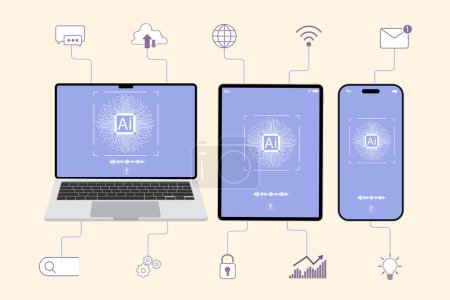 Artificial intelligence technological in device, laptop computer, tablet,smartphone,  Generative AI chat, ai trading, machine learning, business illustration vector.