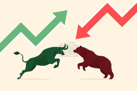 Illustration for Investment consept, red down arrow graph and green up arrow, bear or bearish market trend , Bull or bullish run in the stock market , Cryptocurrency, price chart, vector illustration. - Royalty Free Image