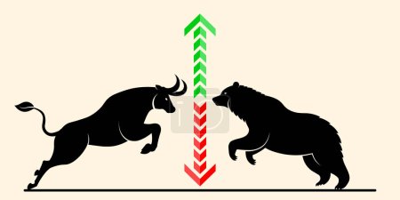 Illustration for Investment consept, Silhouette of Bull or bullish and bear or bearish in the stock market, Cryptocurrency, trend, vector illustration. - Royalty Free Image