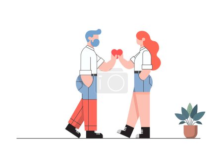 pareja de amor tiene una buena relación, hombre y mujer con una forma de corazón rojo, concepto de pareja minimalista para el Día de San Valentín y el Día del Amor, ilustraciones amante de los vectores.